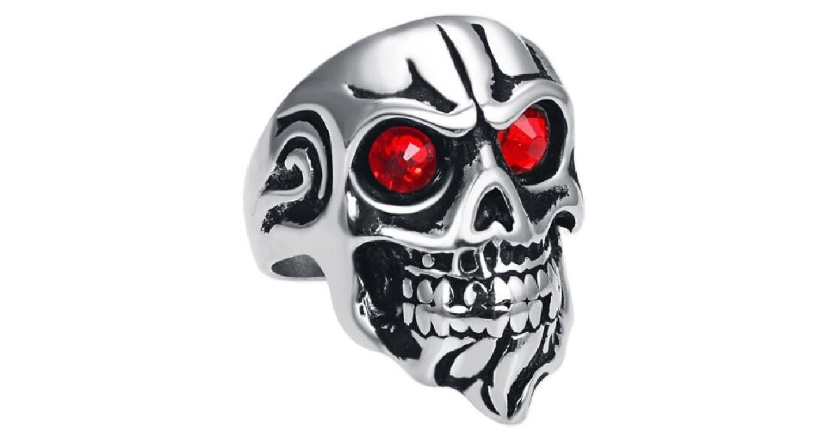 Men's Stainless Steel Goatee Skull Rings with Cubic Zirconia Eyes